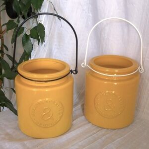 Lot of 2 bright yellow glass mason jars planters flower pots with wire handles